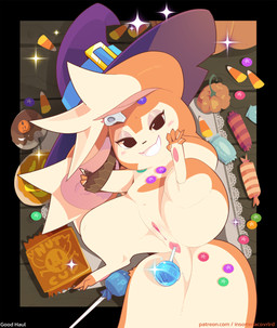anus candy candy_corn clothing cookie dessert female feral food food_fetish food_play fruit furniture genitals hat headgear headwear holidays lollipop looking_at_viewer lying on_back outside peanut_butter_cup plant pose pumpkin solo table taffy_(food) vulva witch_hat conditional_dnp insomniacovrlrd halloween passiontail_isle jenny_(insomniacovrlrd) fliwirrel_(insomniacovrlrd) mammal 2025 hi_res pinup