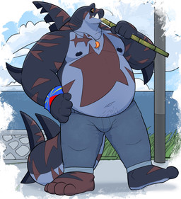 4_fingers anthro barefoot big_arms black_sclera bottomwear brown_markings bulge clothed clothing cloud cloudy_sky eating eating_food elbow_fin fangs feet fin fingers grey_body hand_on_hip jewelry male markings musclegut muscular navel necklace nipples non-mammal_navel non-mammal_nipples outside overweight pants pendant reunion_island sky smile solo sugar_cane tail tail_fin teeth topless topless_anthro topless_male yellow_eyes same22shark nelson_(same22shark) aquatic fish shark 2024 digital_media_(artwork) full-length_portrait hi_res portrait signature