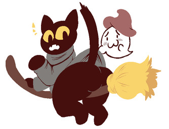 :3 anthro big_butt black_body black_fur blush bottomless broom butt cleaning_tool cloak clothed clothing duo fangs female fur hat headgear headwear holidays partially_clothed raised_tail shortstack simple_background tail teeth white_background yellow_eyes signirsol google google_doodle halloween magic_cat_academy momo_(google) domestic_cat felid feline felis ghost mammal spirit 2016