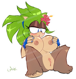 accessory anthro big_breasts blue_eyes blue_fingernails blue_nails blush blush_lines breasts brown_body brown_eyeshadow brown_nipples clothing colored_nails female fingerless_gloves fingerless_gloves_only fingernails flower flower_in_hair fur genitals gloves gloves_only green_body green_fur green_hair hair hair_accessory handwear handwear_only huge_breasts lipstick makeup mostly_nude nails navel nipples open_mouth plant ponytail simple_background sitting solo style_crossover style_emulation vulva white_background seibavibe panty_and_stocking_with_garterbelt sega sonic_the_hedgehog_(series) fan_character greeny_the_hedgehog eulipotyphlan hedgehog mammal 2026 digital_drawing_(artwork) digital_media_(artwork) hi_res