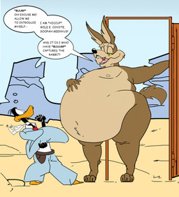 anthro black_body black_nose brown_body brown_fur burping dialogue duo fur hand_on_belly male male_pred navel overweight overweight_male sharp_teeth speech_bubble teeth text vore yellow_sclera badulldoo looney_tunes warner_brothers daffy_duck wile_e._coyote anatid anseriform avian bird canid canine canis coyote duck mammal english_text hi_res