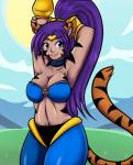 big_breasts black_stripes blue_eyes bottomwear breasts cat_tail clothed clothing cosplay facial_markings female hair head_markings huge_breasts long_hair looking_at_viewer markings pants ponytail purple_hair solo stripes sageofotherworlds shantae_(series) wayforward yosh!_comics kate_summers shantae animal_humanoid cat_humanoid felid felid_humanoid feline feline_humanoid humanoid mammal mammal_humanoid pantherine pantherine_humanoid tiger_humanoid crossover