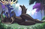 anthro big_breasts black_body blue_body blue_eyes breasts butt butt_from_the_front eyelashes featureless_crotch female forest horn lying nude on_side outside plant solo thigh_gap tree alanscampos nintendo pokemon generation_6_pokemon legendary_pokemon pokemon_(species) xerneas xerneas_(neutral_mode) 2025 hi_res