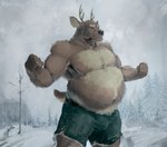 anthro belly belly_hair belt big_belly body_hair bottomwear breath bulge chest_hair clothing forest male musclegut muscular navel plant shorts snow solo tree winter pacific_coyote kent_(pacific_coyote) deer mammal 2023 hi_res painting_(artwork)