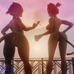 anthro balcony beanie breasts bright bright_light butt cigarette clothing coffee_mug container cup duo female hair hat headgear headwear holding_cigarette holding_object looking_at_viewer looking_back morning mug nipples nude ponytail rear_view sky standing twilight schnozzracclewd epic_games fortnite cate_meowdy meow_skulls calico_cat domestic_cat felid feline felis mammal 1:1 3d_(artwork) digital_media_(artwork) hi_res
