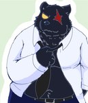 anthro black_body black_nose bottomwear clothing kemono male necktie overweight overweight_male pants scar shirt solo topwear undressing snow_utamaru hanabi-chan_is_often_late kumazawa bear mammal 2022 hi_res