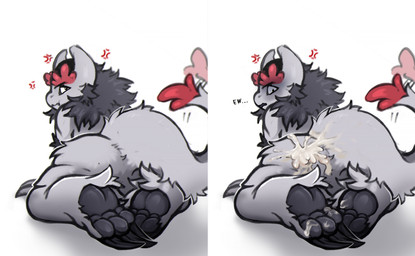 2_panel_comic all_fours ambiguous_gender anthro black_hair bodily_fluids butt claw_fingers claws cross-popping_vein cum cum_on_butt cum_on_feet feet fur genital_fluids glare grey_body grey_fur hair horn kneeling looking_back nude pouting rear_view simple_background tail tail_motion tailwag text toe_claws white_background reskaro reskaro_kern_(reskaro) unknown_species hi_res female_(lore)
