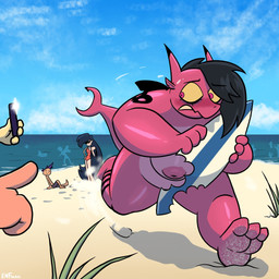 3_toes anthro areola beach big_breasts blush breasts clothing covering covering_self ear_piercing embarrassed eyewear feet female group hair huge_breasts long_hair male nipples nude outside piercing public public_nudity red_body running_away sand sunglasses surfboard swimming_trunks swimwear tattoo toes trio theenfman sylva_(theenfman) aquatic demon fish human mammal shark 1:1 hi_res