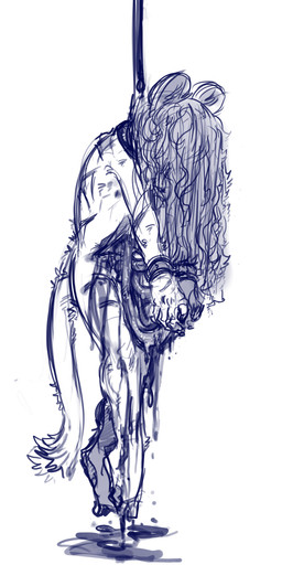 anthro biped blood blood_drip blood_puddle bodily_fluids bound child_murder corpse death disembowelment dripping female female_anthro fingers flat_chested fur gore guts hair hair_over_face hands_tied hanged intestines long_hair nipples nude nude_anthro nude_female organs rope round_ears solo tail young young_anthro young_female mabibabi felid lion mammal pantherine 2026 absurd_res blue_and_white blue_monochrome hi_res monochrome sketch