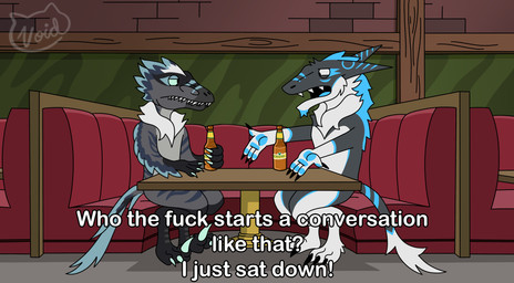 alcohol anthro beer beverage biped black_body black_fur blue_hair duo fur hair male side_view sitting text white_body white_fur sevrin26 cerveza_cristal family_guy slice_(thelastslice) dinosaur dromaeosaurid prehistoric_species reptile saurischian scalie sergal theropod absurd_res digital_media_(artwork) hi_res meme subtitled