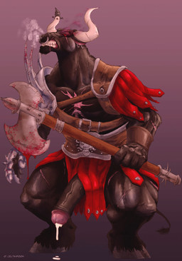 armor axe big_muscles blood bodily_fluids celtikipooh hooves horn male melee_weapon muscular muscular_male solo weapon unknown_artist european_mythology greek_mythology mythology bovid bovine mammal minotaur hi_res