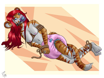 4_toes 5_fingers ageplay anthro areola bdsm big_breasts biped bondage bound breasts claws clean_diaper clothed clothing diaper dipstick_tail eyebrows feet female fingers fur hair humanoid_hands infantilism long_hair lying markings multicolored_tail natural_breasts nipples object_in_mouth on_side pacifier pacifier_in_mouth pink_diaper red_hair roleplay rope simple_background solo striped_body striped_fur stripes tail tail_markings toe_claws toes topless wearing_diaper white_body white_fur paper_paws felid mammal pantherine tiger 4:3