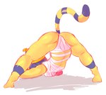 anthro ass_up big_breasts blue_hair body_wraps breasts butt clothed clothing egyptian female fur hair jack-o'_pose muscular muscular_thighs navel pose rear_view simple_background skimpy solo tail yellow_body yellow_fur hanaarts animal_crossing nintendo ankha_(animal_crossing) domestic_cat felid feline felis mammal digital_media_(artwork) hi_res