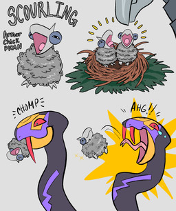 ambiguous_gender beak bite bodily_fluids duo fangs feral forked_tongue group metallic_body neonate nest open_mouth ouch scales sharp_body silver_body silver_feathers simple_background size_difference solo tears teeth text tongue trio young zombbh fakemon nintendo pokemon avian generation_2_pokemon generation_3_pokemon pokemon_(species) reptile scalie seviper skarmory snake english_text hi_res