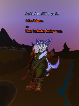 anthro barbed_wire blood bodily_fluids boots carrying_another clothed clothing crying dress duo femboy flower footwear fur gun male mud plant ranged_weapon shoes simple_background tail tears text weapon white_body rockpankake roi_(rockpankake) canid canine mammal 2025 3:4 digital_media_(artwork) hi_res