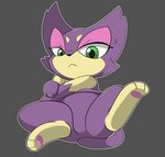 :< blackravebow featureless_crotch female feral generation_5_pokemon green_eyes half-closed_eyes hi_res leg_markings looking_at_viewer markings narrowed_eyes nintendo pokemon pokemon_(species) purrloin simple_background simplified_pawpads socks_(marking) solo tail