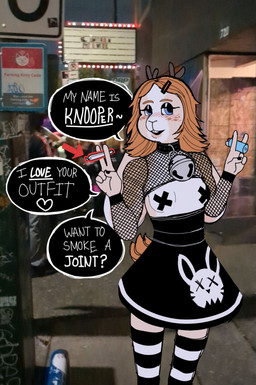 accessory anthro antlers asking_viewer bell bell_collar black_nails blue_eyes blush blush_lines bottomwear breasts buckteeth clothed clothing collar colored_nails countershading female fishnet_clothing fishnet_crop_top fishnet_topwear hair hair_accessory hairclip heart_symbol holding_joint holding_lighter holding_object horn joint legwear lighter multicolored_body nails nipple_tape orange_hair orange_tail pasties pattern_clothing pattern_legwear pattern_thigh_highs photo_background rabbit_ears skirt skull_print solo standing striped_clothing striped_legwear striped_thigh_highs stripes tail talking_to_viewer tan_body tape teeth text thigh_highs topwear white_body whoop knooper jackalope lagomorph mammal 2026 digital_drawing_(artwork) digital_media_(artwork) english_text hi_res mixed_media photography_(artwork)