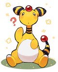 ambiguous_gender anthro belly black_eyes multicolored_body open_mouth question_mark simple_background solo two_tone_body white_background white_belly white_body yellow_body tansho nintendo pokemon ampharos generation_2_pokemon pokemon_(species)