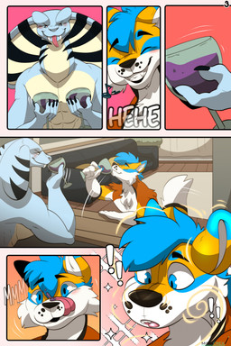 anthro apode beverage container cup duo fur holding_object legless male male/male pooltoy_transformation serpentine tail transformation white_body white_fur misscrex darus_(lexuria_and_friends) kooper_(koopershiba) canid canine draconcopode mammal naga comic digital_media_(artwork) hi_res multiple_scenes
