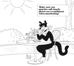 beverage chair chips_(food) detailed_background eating fleischer_style_toon food furniture humor male outside plant pun sandwich_(food) sitting solo sun table text toony tree boo3 felid mammal 2017 artist_name black_and_white english_text hi_res monochrome