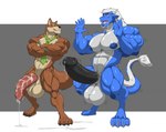 anthro balls big_balls big_muscles big_penis black_penis blue_body blue_nipples bodily_fluids clothed clothing cum dripping drooling duo erection genital_fluids genitals growth hair huge_balls huge_penis hyper hyper_balls hyper_genitalia hyper_penis male male/male muscle_growth muscle_size_difference muscular muscular_anthro muscular_male nipples partially_clothed penis saliva shocked tail white_hair kartos mythology akuro bamwuff canid canine canis dragon mammal mythological_creature mythological_scalie scalie wolf