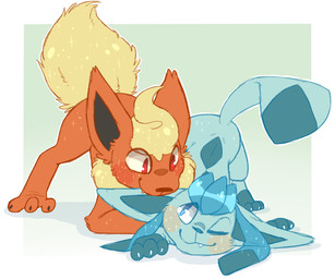ambiguous_gender big_ears bite black_claws blonde_hair blue_body blue_eyes blue_face blue_feet blue_nose blue_paws blue_tail border claws digitigrade duo ear_bite fangs feet feral fur gradient_background hair hindpaw long_ears monotone_body monotone_face monotone_feet monotone_fur monotone_hair monotone_paws monotone_tail multicolored_body multicolored_fur nom one_eye_closed orange_body orange_ears orange_face orange_feet orange_fur orange_paws outside_border paws playful quadruped red_eyes ruff simple_background smile snout tail teeth two_tone_body two_tone_fur white_border white_claws yellow_body yellow_fur yellow_tail backsash nintendo pokemon canid eeveelution flareon generation_1_pokemon generation_4_pokemon glaceon mammal pokemon_(species) 2020 digital_media_(artwork) hi_res
