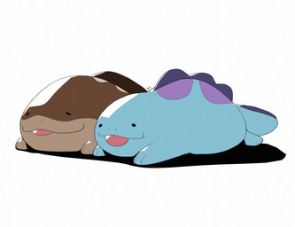 ambiguous_gender black_eyes blue_body brown_body cheeky duo lying on_front simple_background tail tongue tongue_out white_background rivv nintendo pokemon clodsire generation_2_pokemon generation_9_pokemon pokemon_(species) quagsire 2026 hi_res