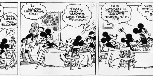 anthro bottomwear cane chair clothed clothing dialogue eating female food footwear furniture gloves group handwear hat headgear headwear inside male motion_lines pants shoes sitting table tail teeth text walking floyd_gottfredson hardie_gramatky disney public_domain mickey_mouse mister_slicker canid canine canis domestic_dog mammal mouse murid murine rodent 1930 20th_century absurd_res ancient_art comic dated english_text hi_res long_image monochrome signature wide_image