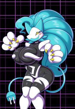 anthro biped blue_hair breasts claws clothed clothing cosplay crossover_cosplay eyelashes female glistening glistening_body hair machine open_mouth simple_background smile solo thick_thighs three-quarter_view yellow_eyes mehdrawings capcom darkstalkers deltarune undertale_(series) felicia_(darkstalkers) tasque_manager felid feline mammal robot absurd_res crossover hi_res