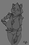 anthro armor big_breasts breasts clothing eye_scar facial_scar female fur gauntlets gloves handwear hood pubes scar shadow_face simple_background solo thick_thighs foxy_concept epic_games fortnite raven_team_leader bear mammal hi_res monochrome sketch