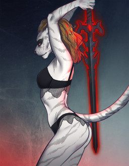 5_fingers anthro bra brown_hair clothing exposure_variation female fingers hair holding_melee_weapon holding_object holding_sword holding_weapon melee_weapon solo sword underwear weapon ariannafray_pr microsoft the_elder_scrolls sheta domestic_cat felid feline felis khajiit mammal vampire 2020 hi_res