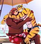 abs anthro athletic beach beverage biceps blush bottomwear brown_body brown_fur brown_stripes bulge clothed clothing duo eyebrows eyes_closed eyewear food fur goggles hand_on_back hug male male/male muscular muscular_male nipples outside pecs sea seaside shorts smile speedo stripes swimwear teeth thick_eyebrows topless water yellow_body yellow_fur bearlovestiger13 morenatsu juuichi_mikazuki torahiko_(morenatsu) bear felid mammal pantherine tiger