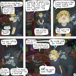 5_panel_comic angry anthro barefoot black_body black_clothing black_hair black_sclera black_shirt black_topwear blonde_hair blue_eyes bottomwear brown_eyes cigarette clothing dialogue drugs feet fur furniture grey_body grey_fur group hair inside male marijuana misgendering name_in_dialogue offended on_sofa page_number pants profanity pronouns red_hair serious shirt sitting sitting_on_sofa smoking smoking_cigarette smoking_marijuana snarling sofa sweater text topwear trio yellow_body yellow_eyes yellow_fur kriek_wildebeest jeremy_(kriek_wildebeest) ravi_(kriek_wildebeest) tom_(kriek_wildebeest) border_collie canid canine canis collie domestic_dog herding_dog husky hybrid mammal nordic_sled_dog pastoral_dog portuguese_water_dog sheepdog spitz wolf 1:1 comic english_text hi_res multiple_scenes