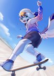 anthro backwards_baseball_cap backwards_hat baseball_cap blonde_hair blue_body blue_fur blue_hair bottomwear clothing cute_fangs fangs fluffy fluffy_tail footwear fur green_eyes hair hat headgear headwear hoodie kemono male open_mouth raised_tail shorts skateboard smile socks solo tail teeth topwear vehicle white_body white_fur young xiao_langao canid canine canis domestic_dog mammal hi_res