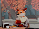 3d_(artwork) 3d_animation 4:3 animated anthro autumn autumn_leaves blue_eyes blue_sclera blush blush_lines bread brown_ears canid canine car chair city city_background clothed clothing container croissant cup detailed_background digital_media_(artwork) double_ear_ring drinking_glass drinking_straw ear_piercing ear_ring ear_wiggling fallen_leaves fingerless_(marking) fingerless_gloves_(marking) flannel_shirt food fox fur furniture glass glass_container glass_cup gloves_(marking) half_eaten_food hi_res iced_coffee inside leaves_blowing loop male mammal markings no_sound on_chair orange_body orange_fur orange_leaves pastry piercing ring_piercing scarf short_playtime sitting sitting_at_table sitting_on_chair solo teeth tongue tongue_out tyunderline vehicle webm whiskers