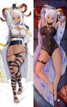 ankh breasts brown_body brown_skin dakimakura female hair horn lying navel on_back red_eyes smile solo white_hair z.taiga arknights hypergryph studio_montagne carnelian_(arknights) animal_humanoid bovid bovid_humanoid caprine caprine_humanoid goat_humanoid humanoid mammal mammal_humanoid 2022 5:8 dakimakura_design hi_res