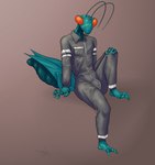 2_toes 5_eyes abstract_background antennae_(anatomy) anthro arthropod_abdomen barefoot bedroom_eyes bulge clothed clothing exoskeleton feet fully_clothed grey_clothing hand_on_knee hand_on_leg invisible_chair invisible_geometry jumpsuit looking_at_viewer male mandibles multi_eye multi_limb multicolored_body narrowed_eyes orange_eyes orange_pupils orange_sclera plantigrade pseudo_pupils pupils raised_leg seductive segmented_body sitting solo teal_body toes two_tone_body unusual_pupils zipper artdemonslair arthropod insect mantis absurd_res hi_res signature