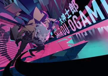 action_pose anthro blue_body blue_fur clothed clothing coat collar fluffy fluffy_tail fur hair male multicolored_body multicolored_fur open_mouth pose running solo tail topwear white_body white_fur antlerdragon brand_new_animal studio_trigger shirou_ogami canid canine canis mammal wolf hi_res