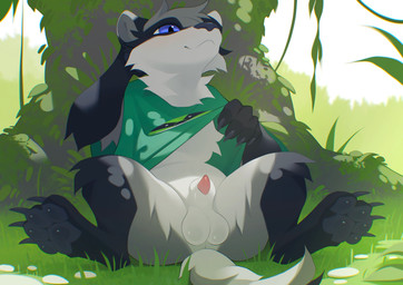 4_toes animal_genitalia animal_penis anthro balls barefoot black_body black_fur black_pawpads blue_eyes bottomless bottomless_anthro bottomless_male claws clothed clothing feet finger_claws fur genitals grey_body grey_fur male male_anthro pawpads paws penis penis_tip sheath shirt sitting soles solo spread_legs spreading t-shirt tail tapering_penis toe_claws toes topwear white_body white_fur zoledream baz_badger badger mammal mustelid musteline 2026 absurd_res digital_media_(artwork) hi_res