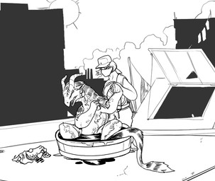 bath clothing duo fangs hair hat headgear headwear horn nude sun teeth floatrand alien human mammal scalie black_and_white monochrome
