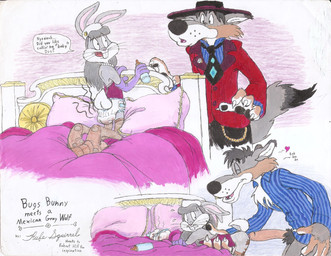 ambiguous_gender anthro armwear baby_bottle babydoll bangs bed big_hands big_penis big_snout chain clothing corset detailed_feet diaper duo elbow_gloves feces feet foot_fetish furniture genitals gloves hair handwear hat headgear headwear heart_symbol holding_another holding_in_hand imminent_sex jewelry lingerie long_hair male necktie nightgown nylon_stockings penis pillbox_hat pillow pubes sagging_diaper silk_clothing size_difference speech_bubble tall too_big toony topwear unclean_diaper used_diaper worried wrinkled_feet wrinkles zoot_suit rufe_squirrel looney_tunes warner_brothers bugs_bunny canid canine canis lagomorph leporid mammal mexican_wolf rabbit wolf absurd_res hi_res traditional_media_(artwork)