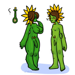 accessory big_breasts breasts brown_hair duo flower genitals green_body gynomorph hair hair_accessory humanoid_genitalia humanoid_penis intersex nude penis plant small_breasts sunflower marzipan-n elemental_creature elemental_humanoid flora_fauna human humanoid mammal plant_humanoid 1:1 full-length_portrait hi_res model_sheet portrait shaded simple_shading
