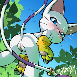 3_fingers accessory anthro anus big_ears black_nose black_whiskers blue_eyes blue_sky blush blush_lines butt clitoris clothing day dutch_angle female female_anthro fingers fur furgonomics genitals gloves gloves_only gold_ring handwear handwear_only head_turned jewelry leaf loli long_whiskers looking_at_viewer looking_down looking_down_at_viewer low-angle_view markings mostly_nude mostly_nude_anthro mostly_nude_female mouth_closed outside pink_clitoris pink_inner_ear pink_vulva plant pointy_ears prick_ears pupils purple_tail purple_tail_tuft ring ring_(marking) ringed_tail sky slit_pupils solo standing striped_markings striped_tail stripes tail tail_accessory tail_jewelry tail_markings tail_ring tail_tuft thin_tail tuft vulva whiskers white_body white_ears white_fur white_tail white_vulva yellow_clothing yellow_gloves yellow_handwear young young_anthro young_female mister_d bandai_namco digimon digimon_(species) felid feline gatomon mammal 1:1 2024 dated signature