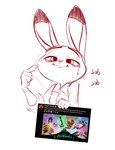 bodily_fluids clothed clothing crying dipstick_ears ear_markings eyebrows holding_object multicolored_ears rolled_up_sleeves screencap shirt smile solo tears tears_of_joy text topwear wiping_tears bl394 disney zootopia judy_hopps lagomorph leporid mammal rabbit 2022 bust_portrait digital_drawing_(artwork) digital_media_(artwork) english_text hi_res monochrome portrait sketch