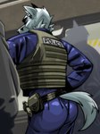 2024 anthro big_butt biped butt canid canine canis fur hi_res kolyan-artist male mammal muscular muscular_anthro muscular_male police police_officer rear_view solo white_body white_fur wolf