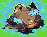 abstract_background anthro belly belly_rub big_belly biped blep blonde_hair blue_markings brown_body brown_fur bulge claws clothed clothing clothing_pull disembodied_hand duo featureless_chest fur ghost_hand green_background hair half-closed_eyes male markings muscular muscular_arms narrowed_eyes navel obese obese_male orange_clothing orange_markings orange_underwear overweight overweight_male paws ringed_eyes simple_background sitting solo_focus tail tongue tongue_out toony underwear underwear_only underwear_pull wizzdono ian_(lordlongboi) mammal mustelid otter 2025
