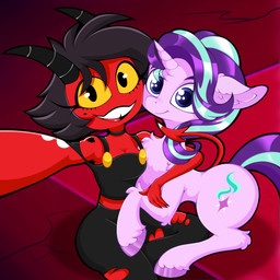 black_hair chest_tuft clothing cutie_mark duo eyelashes female feral hair hooves horn hug inner_ear_fluff multicolored_hair pink_body red_body red_tail selfie smile tail tuft two_tone_hair yellow_eyes rurihal friendship_is_magic hasbro hellaverse helluva_boss my_little_pony mythology millie_(helluva_boss) starlight_glimmer_(mlp) equid equine imp mammal mythological_creature mythological_equine unicorn 1:1 absurd_res crossover hi_res