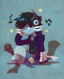 anthro arm_wraps black_clothing black_hair black_shirt black_topwear blue_background blue_body blue_clothing blue_eyes blue_fur blue_hoodie blue_topwear bottomless clothed clothing crossed_legs electronics fur hair half-closed_eyes headphones hoodie listening_to_music looking_at_viewer male musical_note musical_symbol narrowed_eyes pink_nose pokemorph shirt short_hair simple_background smile smiling_at_viewer snout solo star_emanata stubble symbol topwear wraps darmp nintendo pokemon dewott generation_5_pokemon pokemon_(species) 2014 digital_media_(artwork) digital_painting_(artwork) full-length_portrait hi_res painting_(artwork) portrait shaded