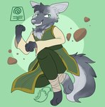 anthro clothing earth_manipulation elemental_manipulation fur green_clothing green_eyes grey_body grey_fur grin logo male simple_background smile solo wraps izzyhime bow_(bowhuskers) canid canine canis mammal wolf 2022 artist_logo hi_res