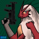 ambiguous_gender anthro blue_eyes gun holding_gun holding_object holding_ranged_weapon holding_weapon mp5 mp5k ranged_weapon red_body simple_background solo submachine_gun weapon the_blue_pangolin heckler_and_koch nintendo pokemon avian bird blaziken generation_3_pokemon pokemon_(species) 1:1 2007